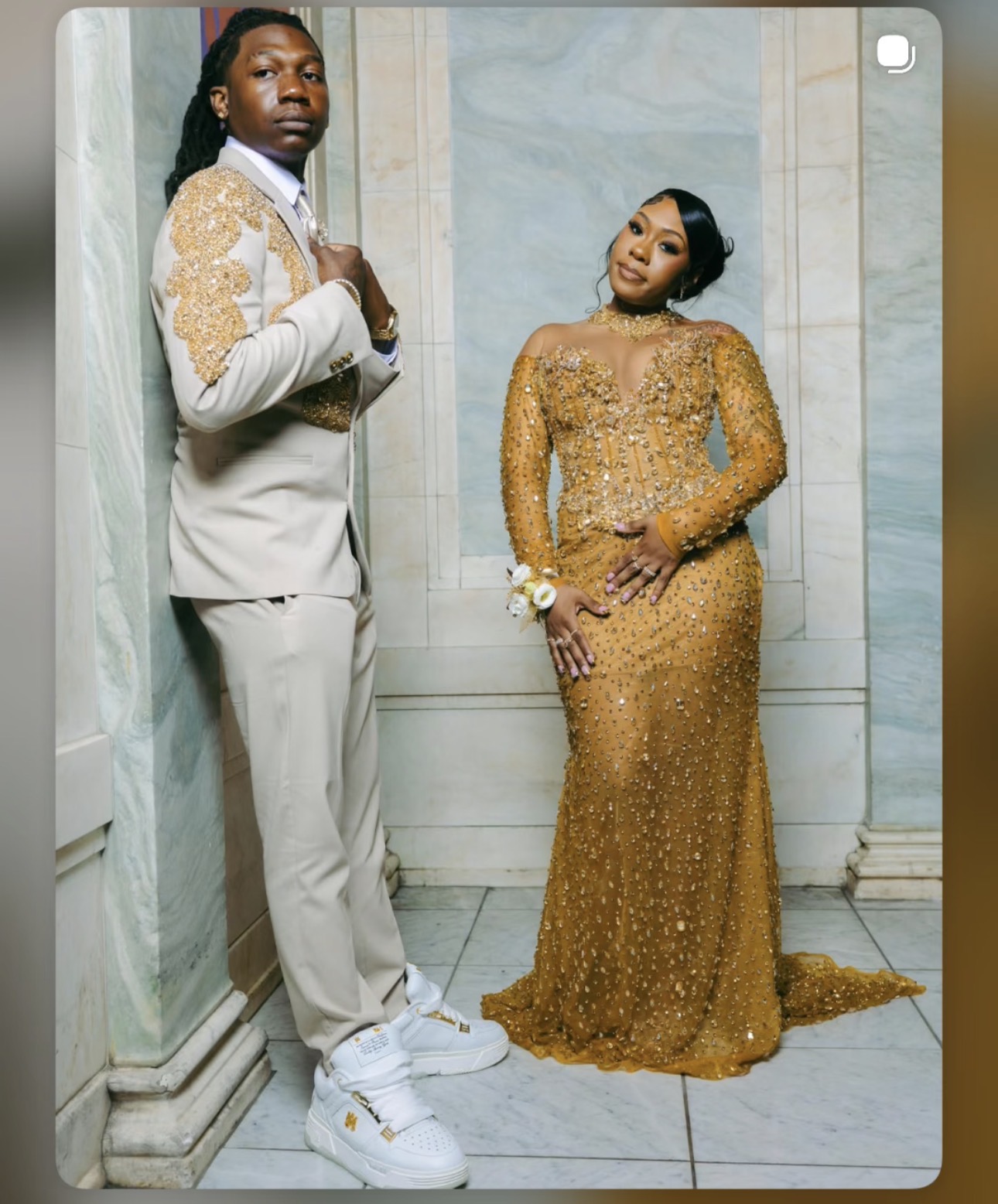 Prom couple in custom gold beaded gown