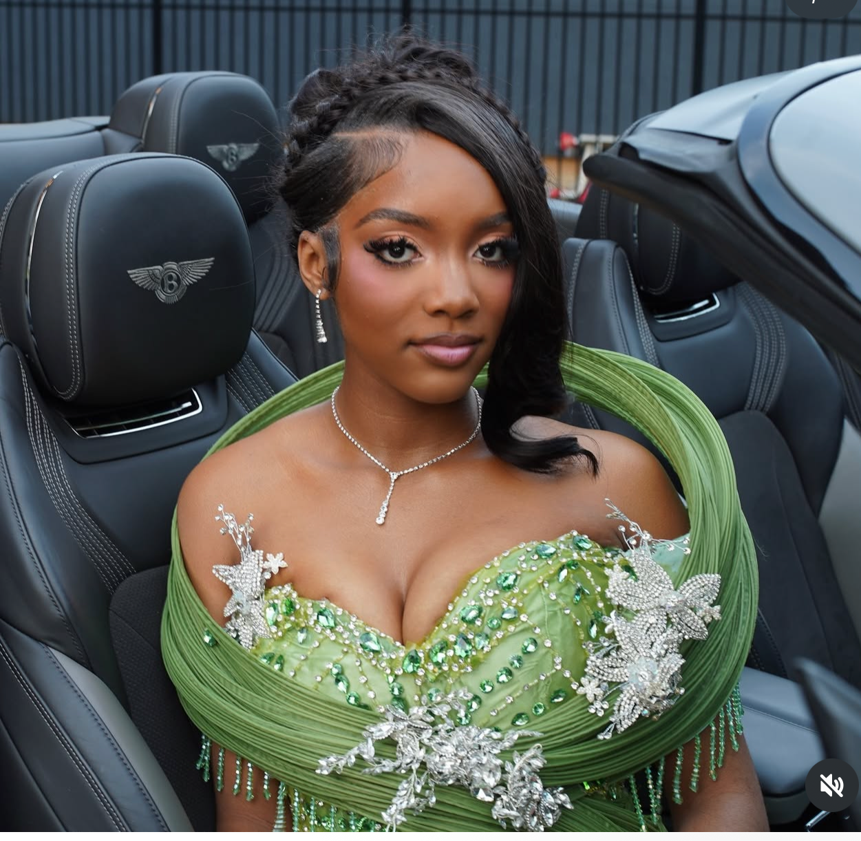 Prom look in custom emerald beaded gown
