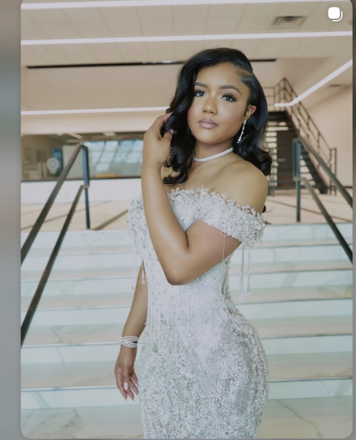 Prom gown in silver beaded lace